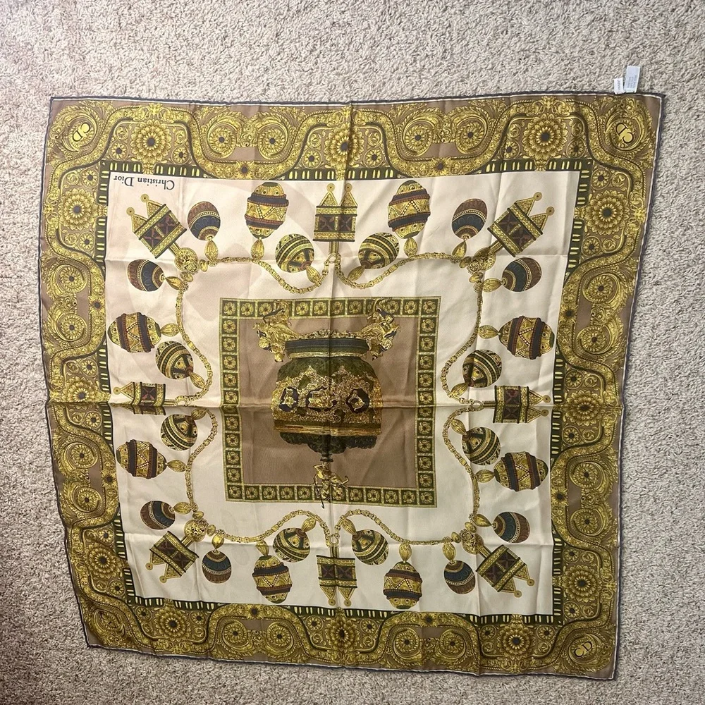 Christian Dior Gold and Brown Silk Scarf
